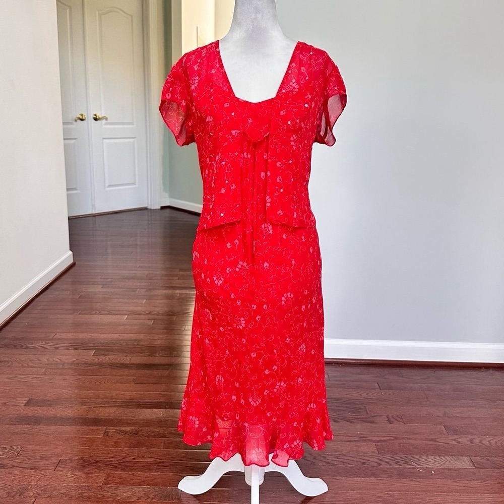Ann Taylor Petites 100% Silk Red Floral Dress & Light Tie Cardigan Matching Set
